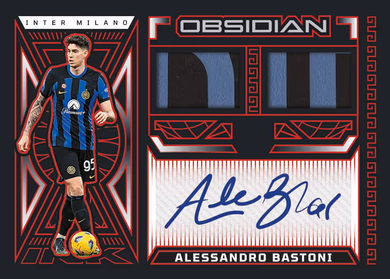2023-24 PANINI Obsidian Soccer Cards - Dual Jersey Ink Card Electric Etch Red Parallel - Alessandro Bastoni