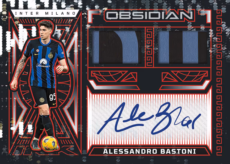 2023-24 PANINI Obsidian Soccer Cards - Dual Jersey Ink Card Electric Etch Red Pulsar Parallel - Alessandro Bastoni