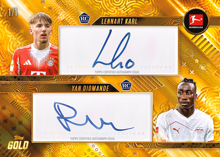 2025-26 TOPPS Gold Bundesliga Soccer Cards - Dual Autograph Card Gold Parallel - Lennart Karl / Yan Diomande