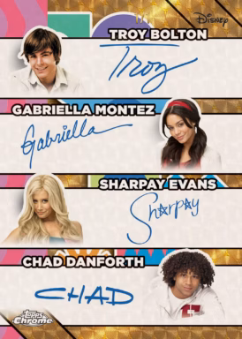 2026 TOPPS Chrome Disney Trading Cards - Facsimile Quad Autograph Card SuperFractor Parallel - Troy Bolton / Gabriella Montez / Sharpay Evans / Chad Danforth