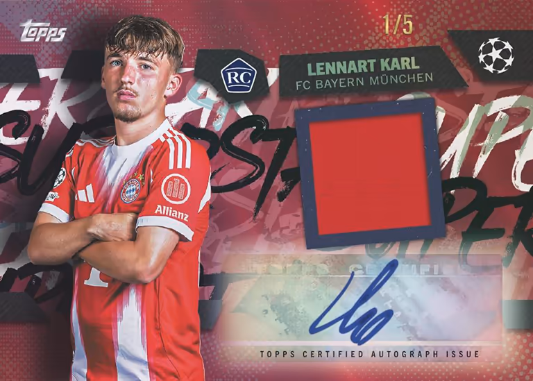 2025-26 TOPPS UEFA Club Competitions Soccer Cards - Topps Superstars Autograph Relic Card Red Parallel - Lennart Karl