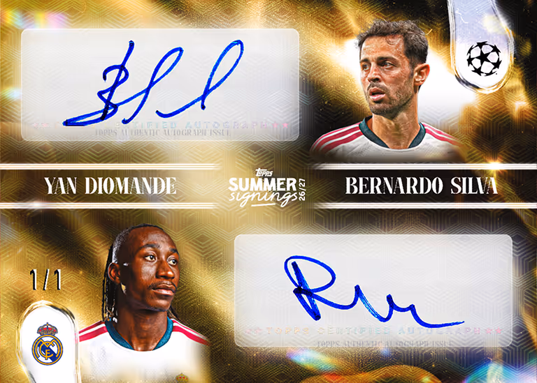 2026-27 TOPPS Summer Signings UEFA Club Competitions Soccer Cards - Dual Autograph Card | Foilfractor Parallel - Yan Diomande / Bernardo Silva