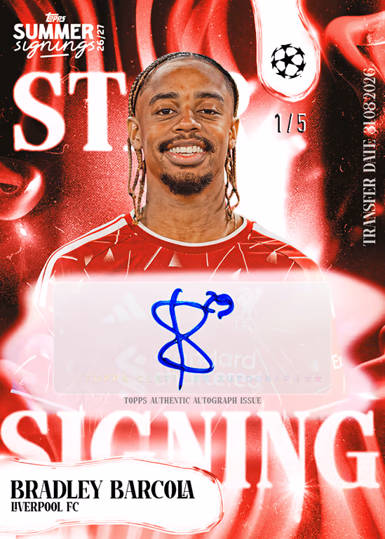 2026-27 TOPPS Summer Signings UEFA Club Competitions Soccer Cards - Star Signings Autograph Card | Red Parallel - Bradley Barcola