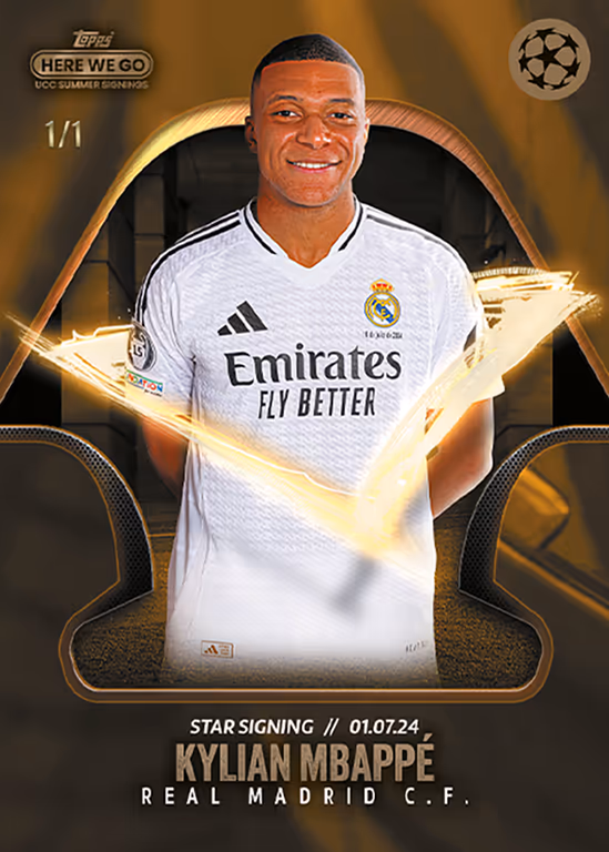 2024-25 TOPPS Summer Signings Here We Go by Fabrizio Romano UEFA Club Competitions Soccer Cards - Star Signings Base Card | Gold Parallel - Kylian Mbappé