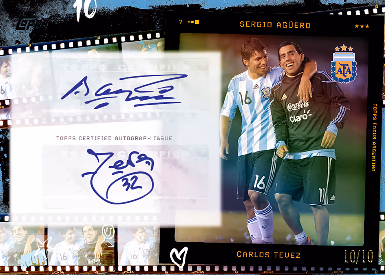 2025 TOPPS Focus Argentina Soccer Cards - Synergy Dual Autograph Card Black Paralell - Sergio Agüero / Carlos Tevez