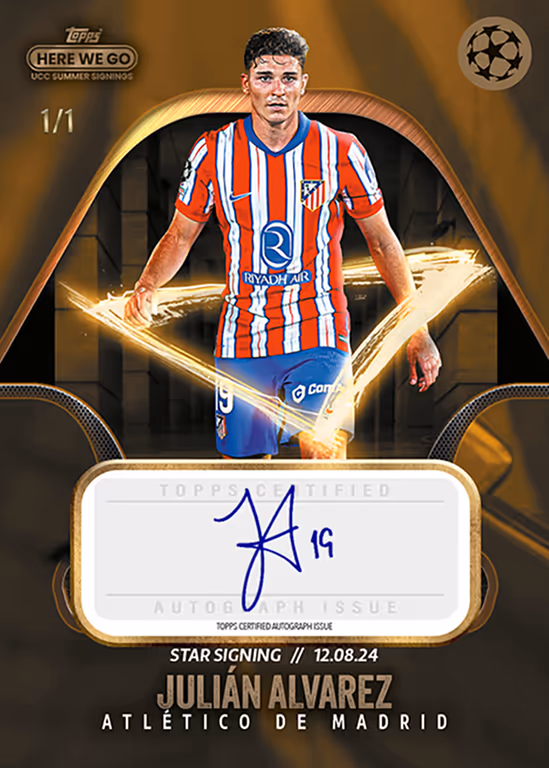 2024-25 TOPPS Summer Signings Here We Go by Fabrizio Romano UEFA Club Competitions Soccer Cards - Star Signings Autograph Card | Gold Parallel - Julián Alvarez