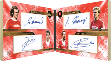2025-26 TOPPS Gold Bundesliga Soccer Cards - Quad Autograph Book Red Parallel - Uli Hoeneß / Karl-Heinz Rummenigge / Jamal Musiala / Harry Kane