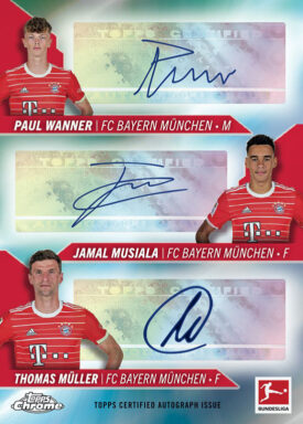 2022-23 TOPPS Chrome Bundesliga Soccer Cards - Triple Autograph Paul Wanner Jamal Musiala Thomas Müller