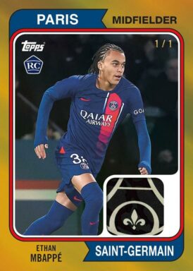 2023-24 TOPPS Paris Saint-Germain Official Team Set Soccer Cards - 1974 Topps Relic Card Ethan Mbappe