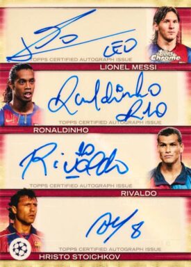 2024-25 TOPPS Chrome UEFA Club Competitions Soccer Cards - Quad Autograph Card Lionel Messi / Ronaldinho / Rivaldo / Hristo Stoichkov
