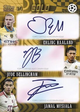 2024-25 TOPPS Gold UEFA Club Competitions Soccer Cards - Triple Autograph Erling Haaland / Jude Bellingham / Jamal Musiala