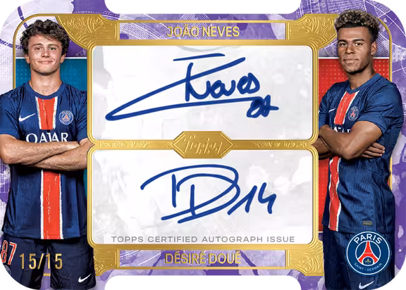 2024-25 TOPPS Exhibition Paris Saint-Germain Soccer Cards - Die-Cut Dual Autograph Card Purple Parallel - Joao Neves / Desire Doue