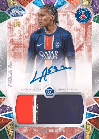 2024-25 TOPPS Exhibition Paris Saint-Germain Soccer Cards - Rookie Exhibition Autograph Relic Card Ruby Parallel - Senny Mayulu