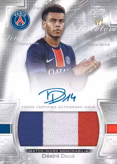 2024-25 TOPPS Exhibition Paris Saint-Germain Soccer Cards - Tricolore Autograph Relic Card Platinum Parallel - Désiré Doué