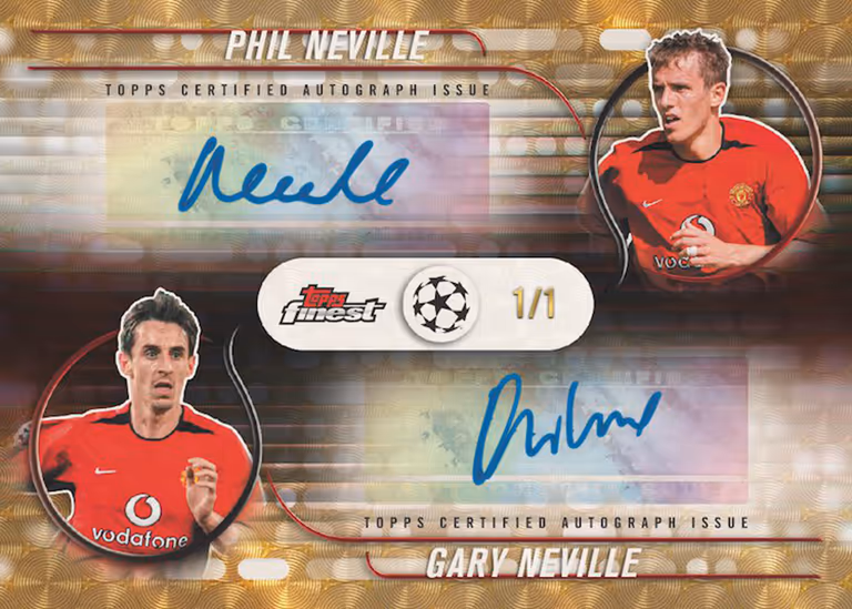 2025-26 TOPPS Finest UEFA Club Competitions Soccer Cards - Bloodline Dual Autograph Card SuperFractor Parallel - Phil Neville / Gary Neville