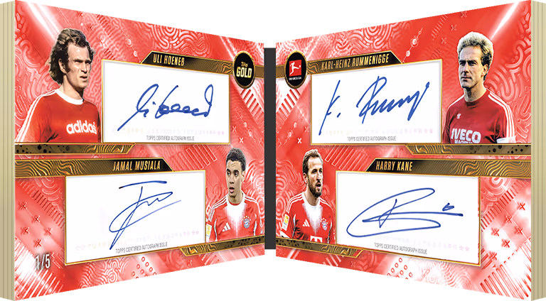 2025-26 TOPPS Gold Bundesliga Soccer Cards - Quad Autograph Book Red Parallel - Uli Hoeneß / Karl-Heinz Rummenigge / Jamal Musiala / Harry Kane
